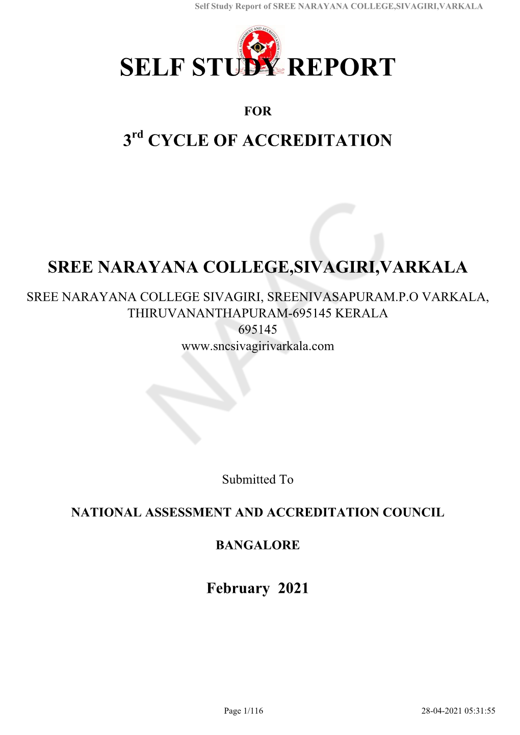 Self Study Report of SREE NARAYANA COLLEGE,SIVAGIRI,VARKALA