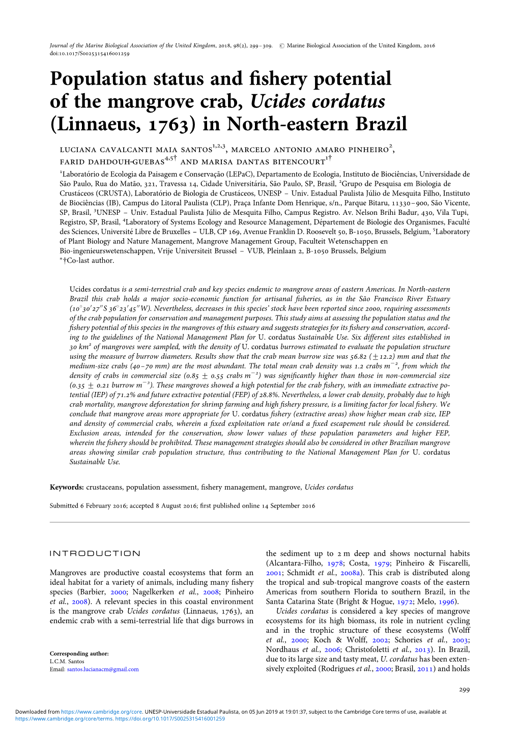 Population Status and Fishery Potential of the Mangrove Crab, Ucides Cordatus (Linnaeus, 1763) in North-Eastern Brazil