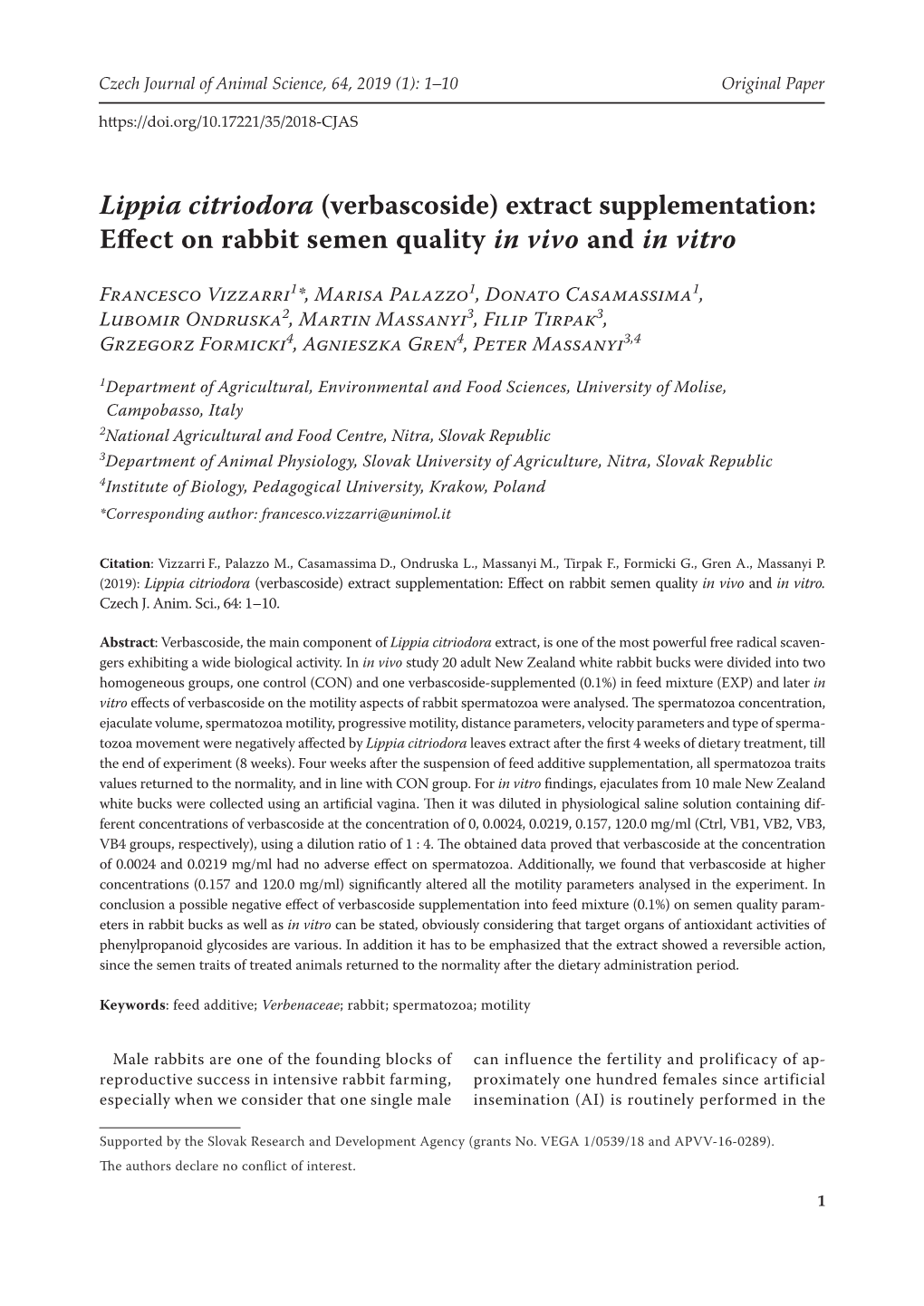 Lippia Citriodora (Verbascoside) Extract Supplementation: Effect on Rabbit Semen Quality in Vivo and in Vitro