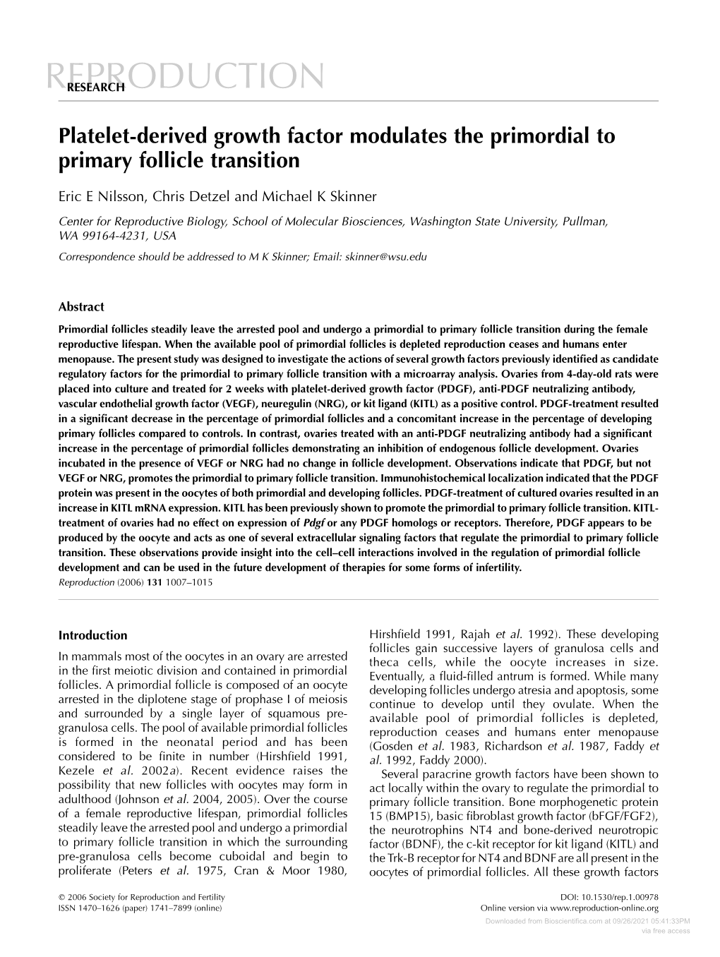 Platelet-Derived Growth Factor Modulates the Primordial to Primary Follicle Transition
