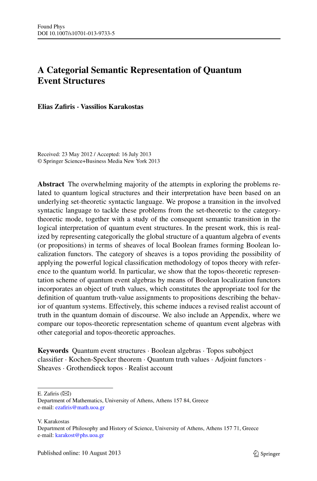 A Categorial Semantic Representation of Quantum Event Structures