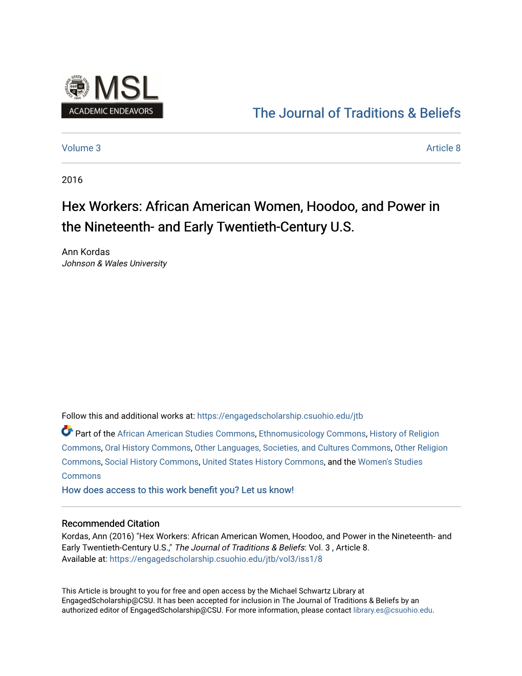 African American Women, Hoodoo, and Power in the Nineteenth- and Early Twentieth-Century U.S