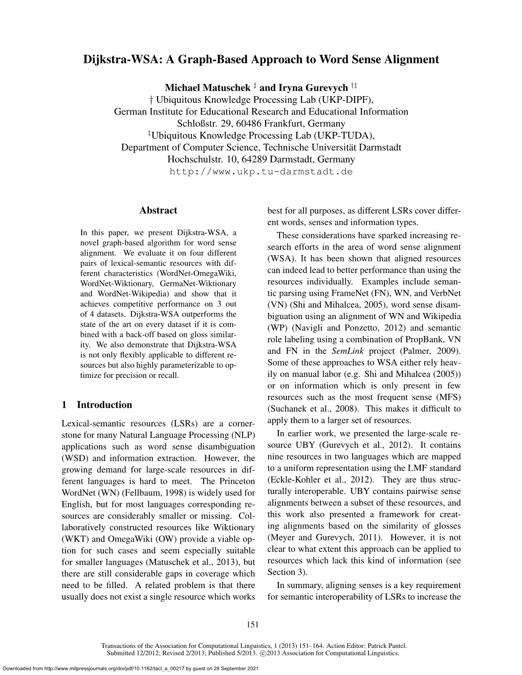 Dijkstra-WSA: a Graph-Based Approach to Word Sense Alignment