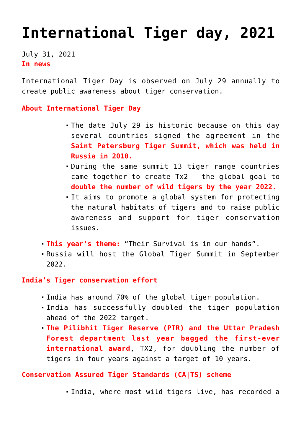 International Tiger Day, 2021