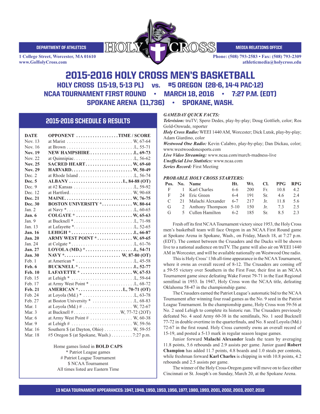 2015-2016 Holy Cross Men's Basketball