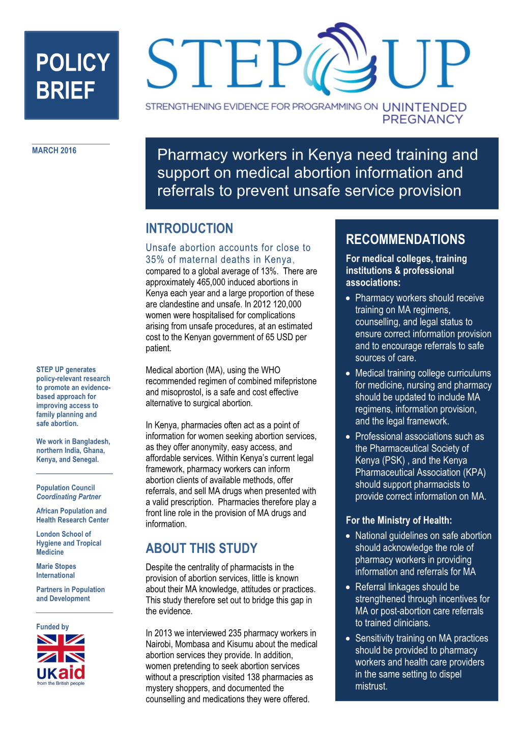 Pharmacy Workers in Kenya Need Training and Support on Medical Abortion Information and Referrals to Prevent Unsafe Service Provision