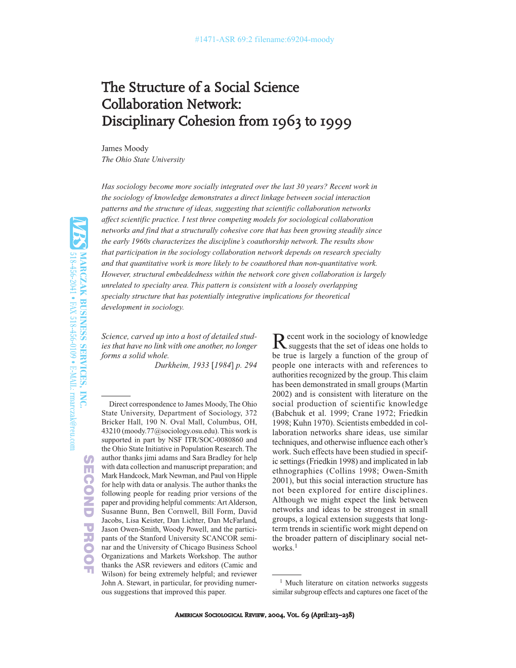 The Structure of a Social Science Collaboration Network: Disciplinary Cohesion from 1963 to 1999