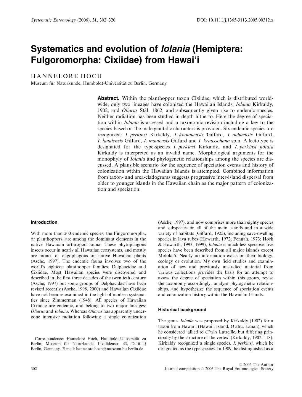 Systematics and Evolution of Iolania (Hemiptera: Fulgoromorpha: Cixiidae) from Hawai’I