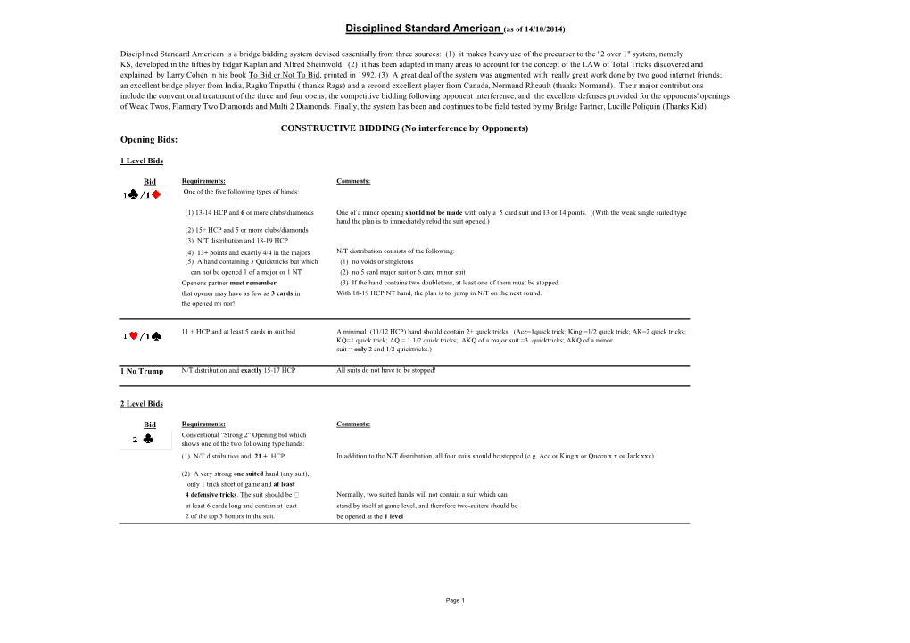 Disciplined Standard American (As of 14/10/2014)