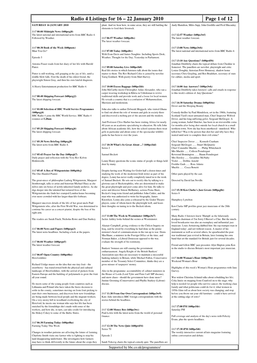 Radio 4 Listings for 16 – 22 January 2010 Page 1 of 12 SATURDAY 16 JANUARY 2010 Plant