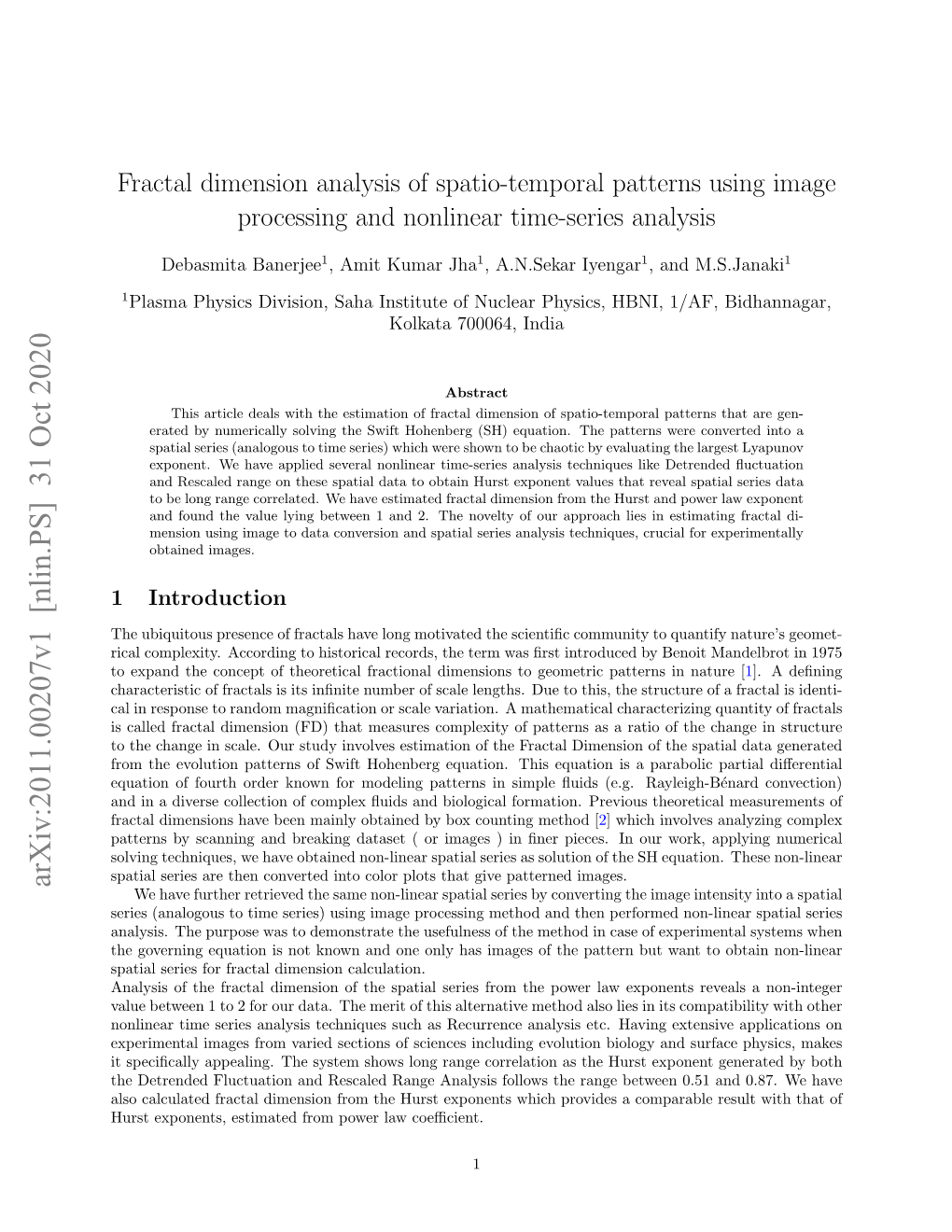 Fractal Dimension Analysis of Spatio-Temporal Patterns Using Image Processing and Nonlinear Time-Series Analysis