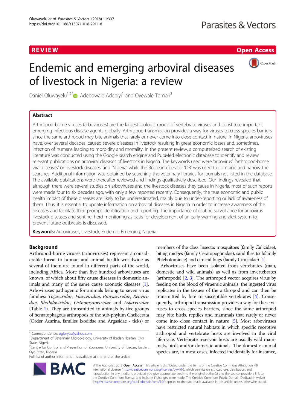 Endemic and Emerging Arboviral Diseases of Livestock in Nigeria: a Review Daniel Oluwayelu1,2* , Adebowale Adebiyi1 and Oyewale Tomori3