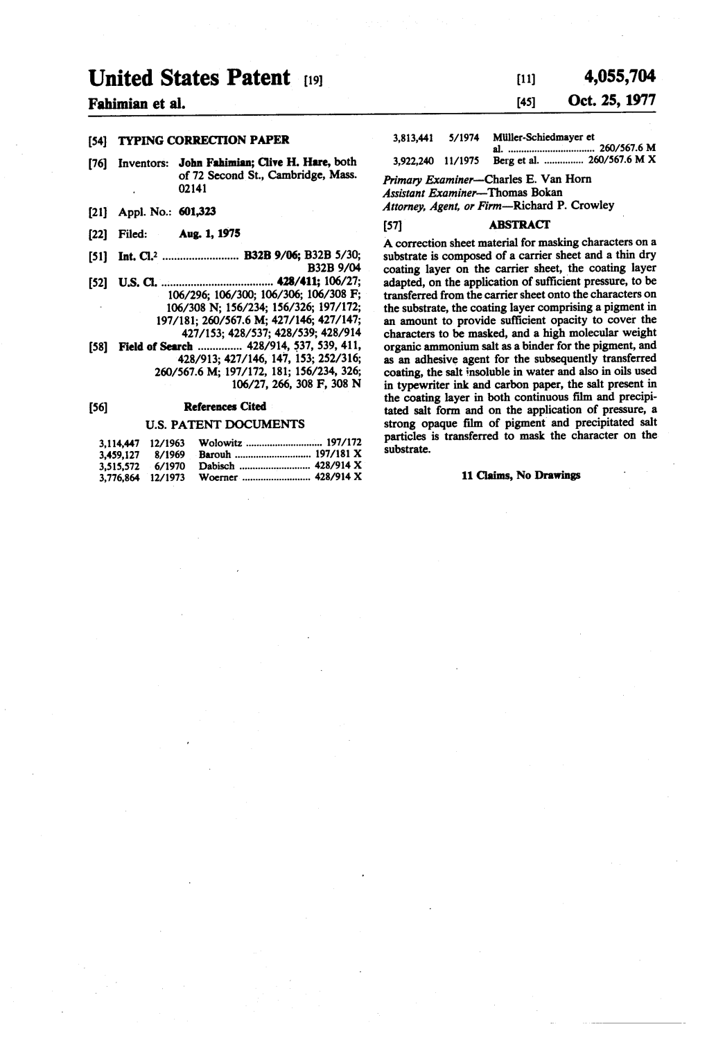 United States Patent (19) (11) 4,055,704 Fahimian Et Al