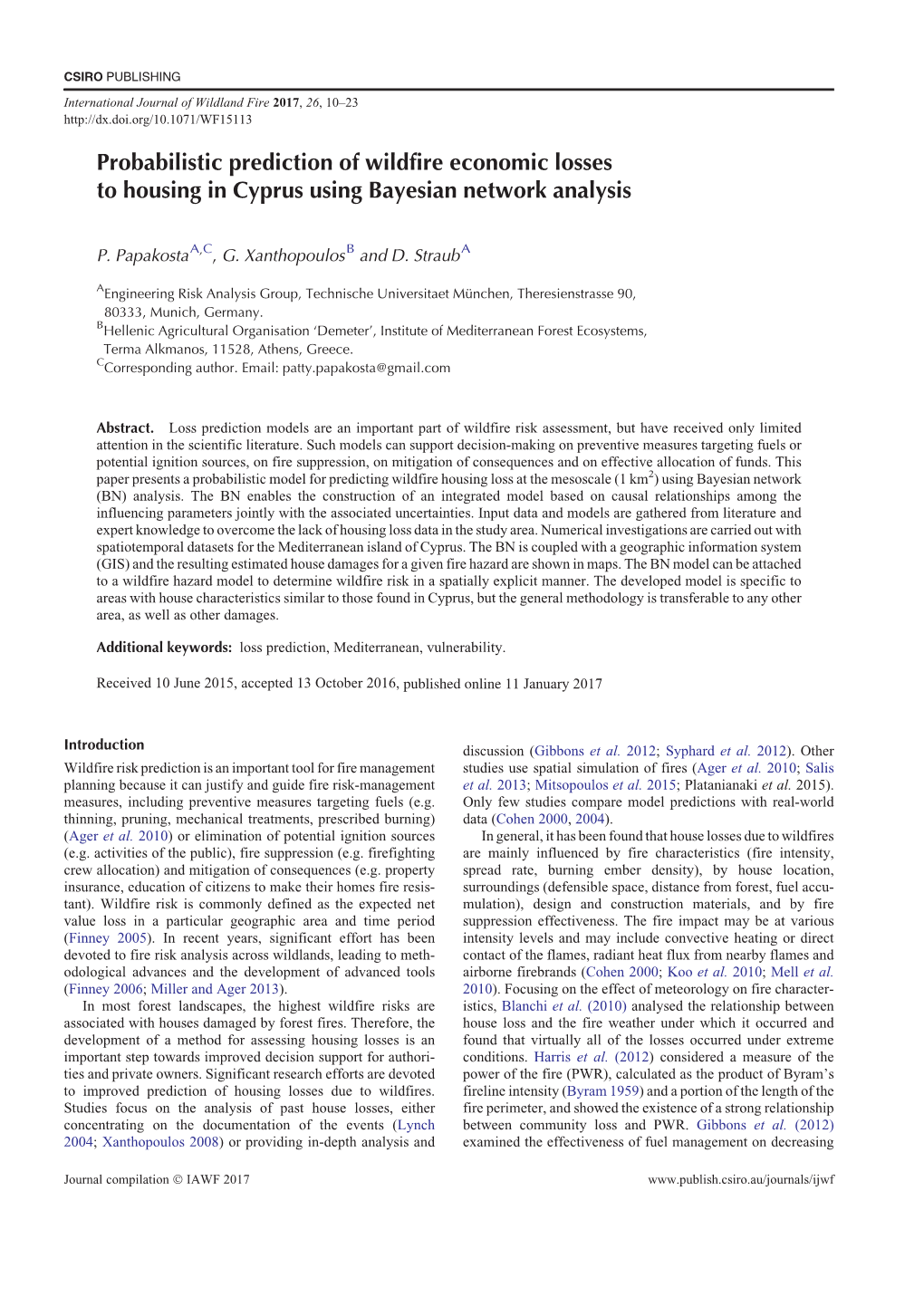 Probabilistic Prediction of Wildfire Economic Losses to Housing in Cyprus Using Bayesian Network Analysis