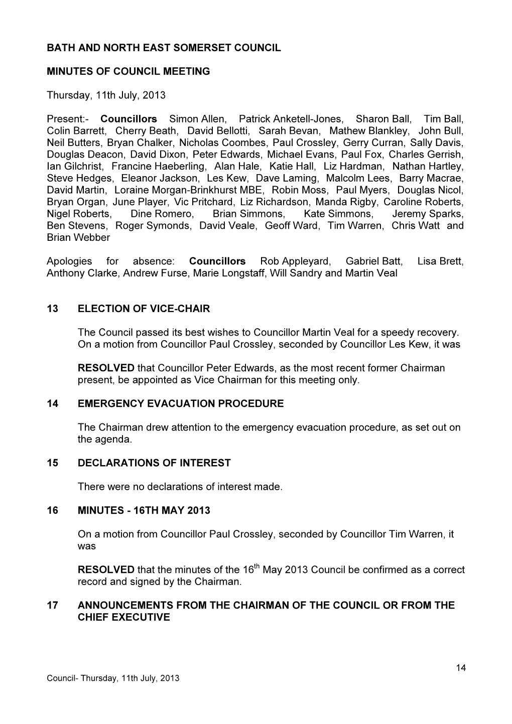 Bath and North East Somerset Council Minutes