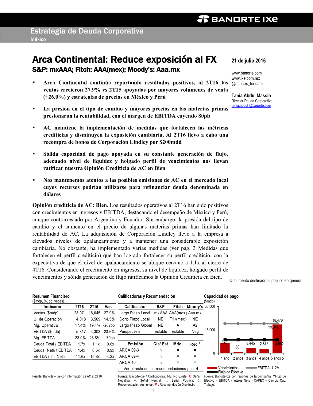 Arca Continental: Reduce Exposición Al FX 21 De Julio 2016 S&P: Mxaaa; Fitch: AAA(Mex); Moody’S: Aaa.Mx