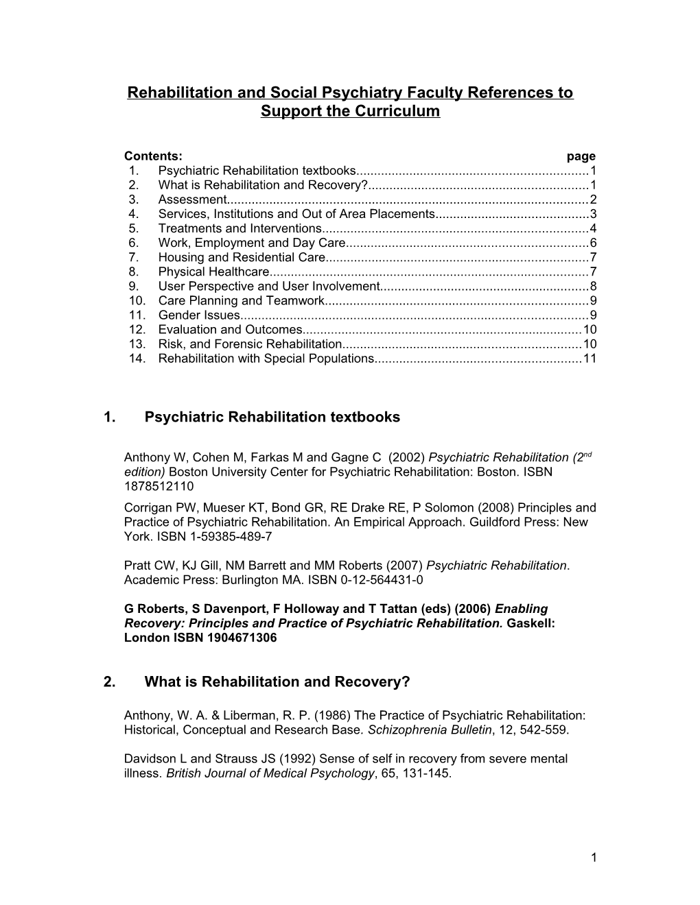 Rehabilitation Psychiatry Faculty References