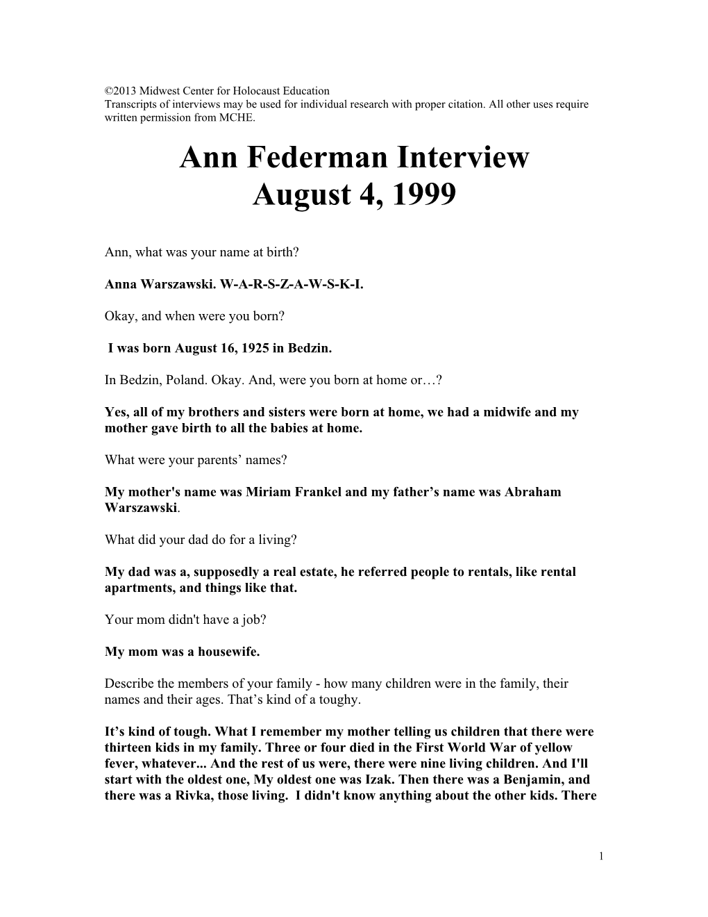 Ann Federman Interview August 4, 1999