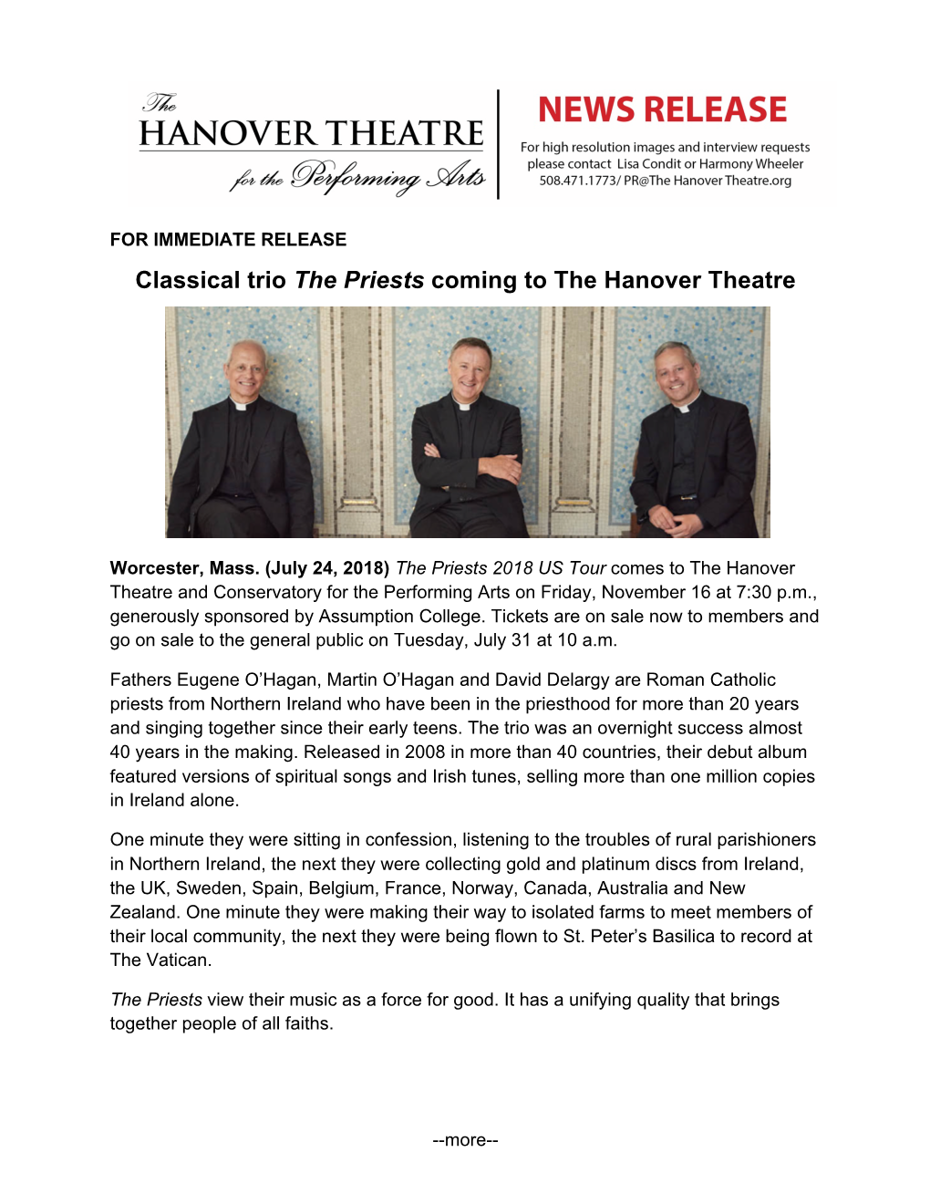 Classical Trio the Priests Coming to the Hanover Theatre