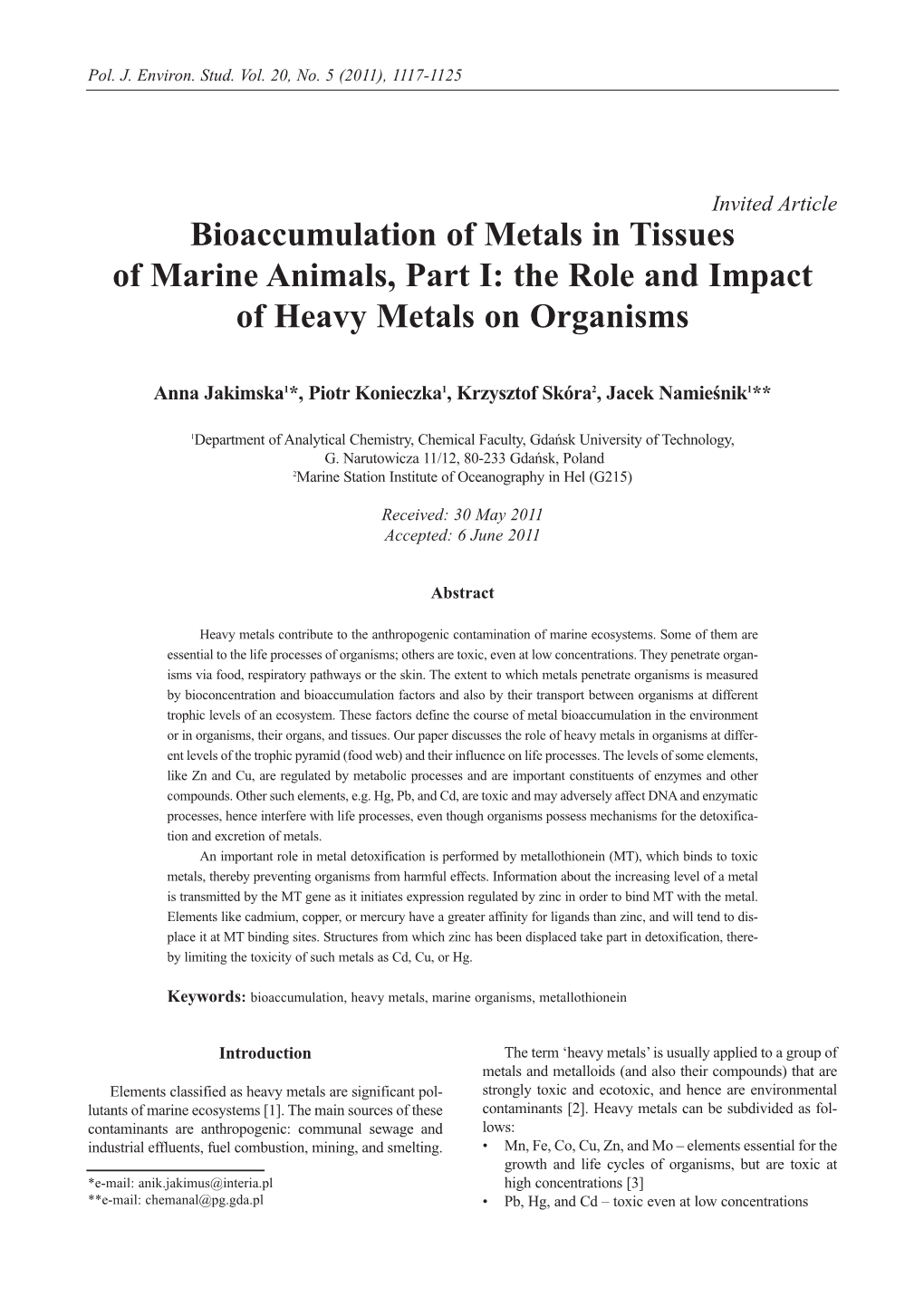 Bioaccumulation of Metals in Tissues of Marine Animals, Part I: the Role and Impact of Heavy Metals on Organisms