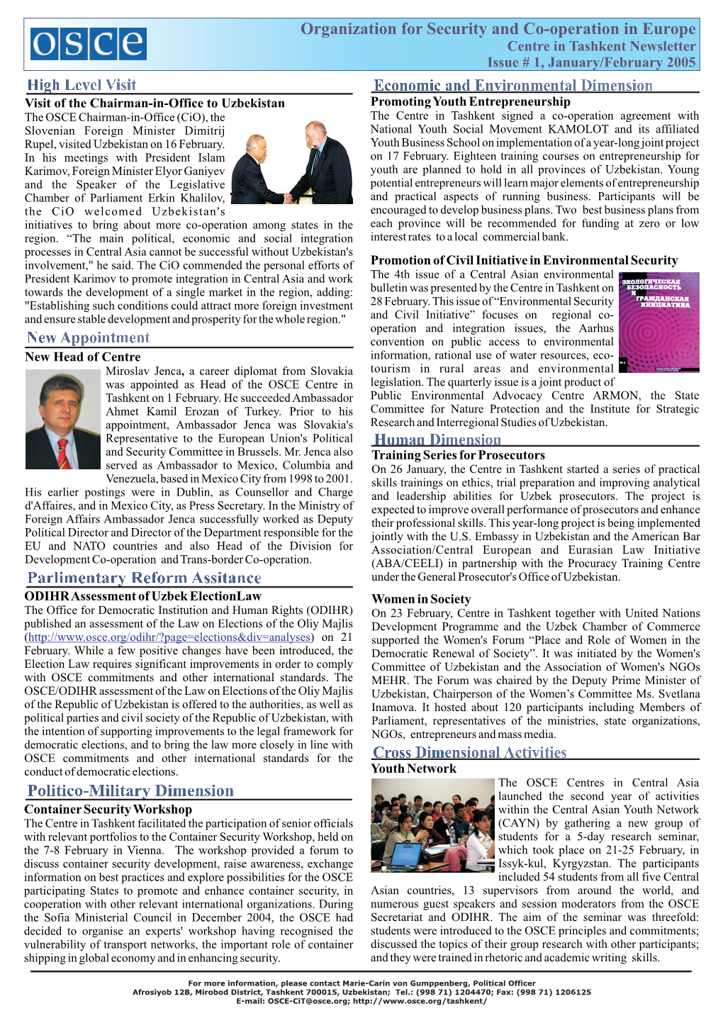 Organization for Security and Co-Operation in Europe Centre in Tashkent Newsletter Issue # 1, January/February 2005