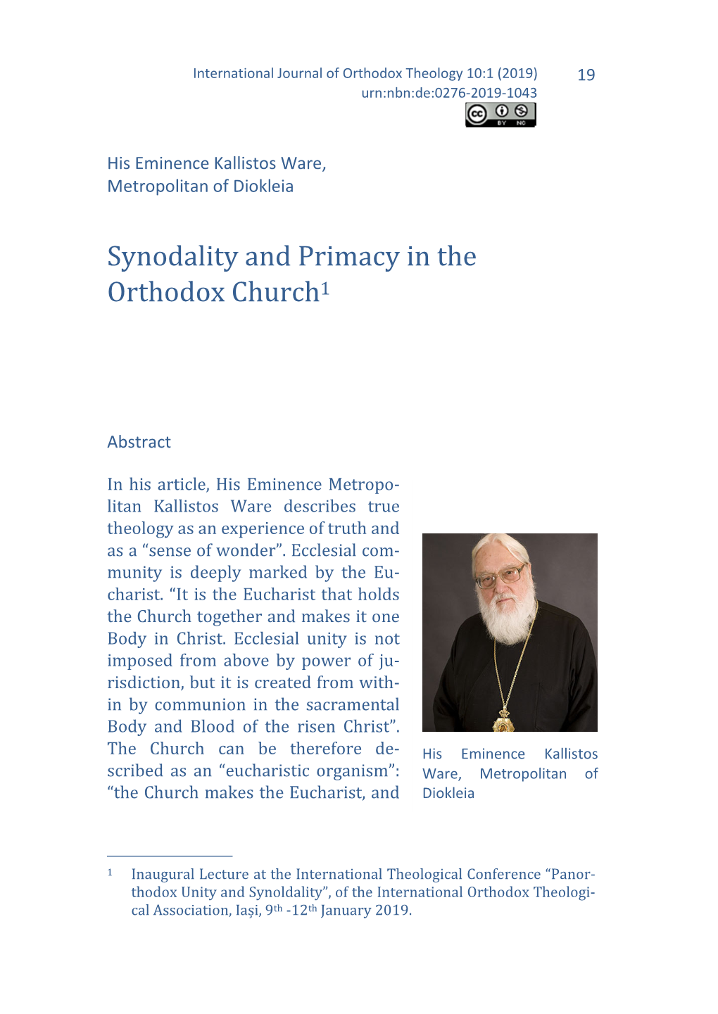 Synodality and Primacy in the Orthodox Church 1