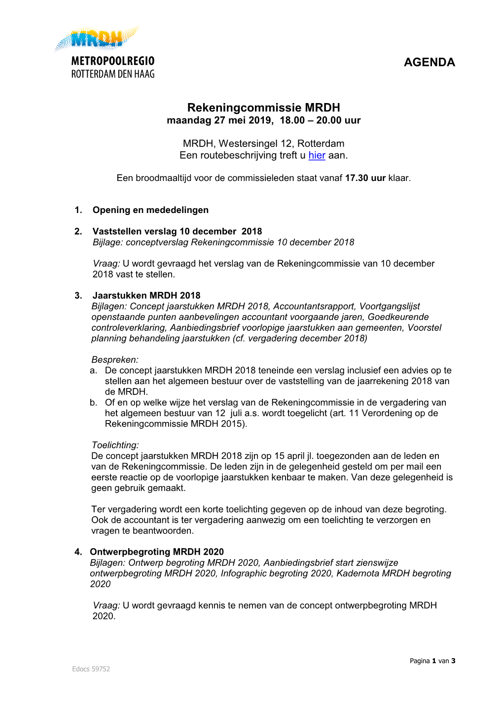 AGENDA Rekeningcommissie MRDH