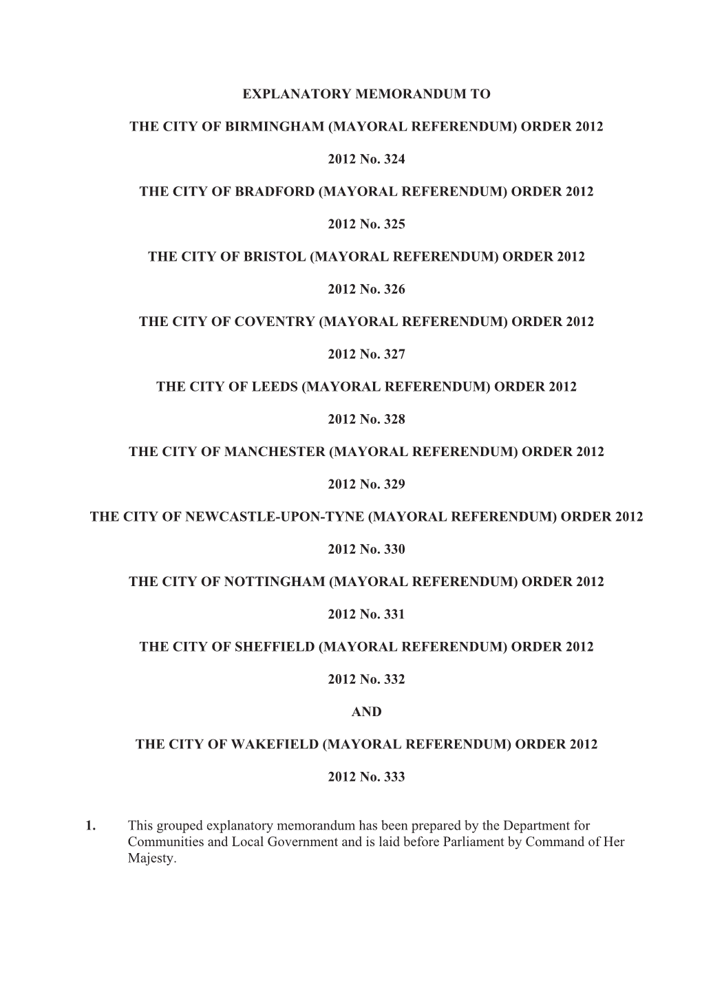 Explanatory Memorandum to the City of Wakefield