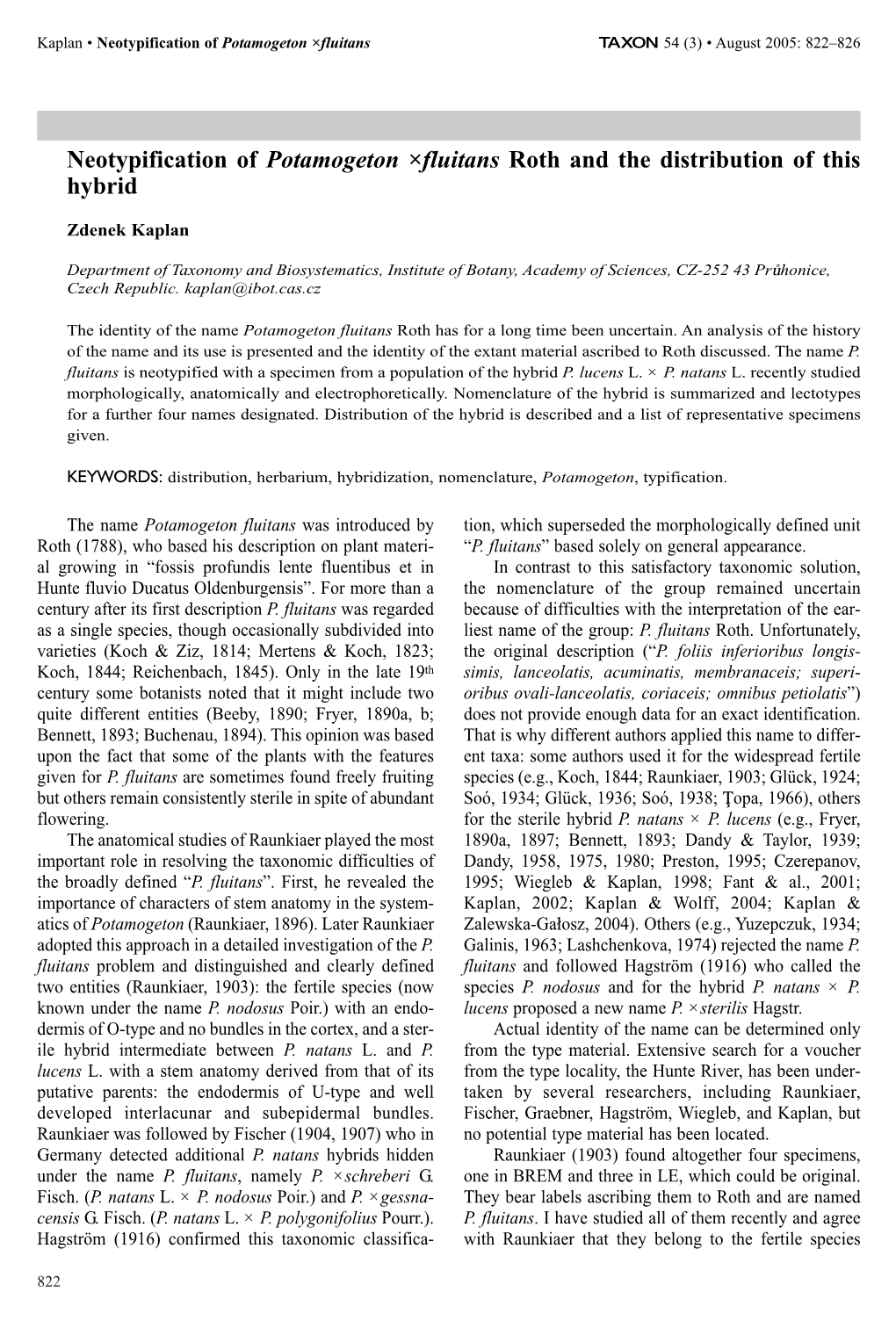 Neotypification of Potamogeton ×Fluitans Roth and the Distribution of This Hybrid