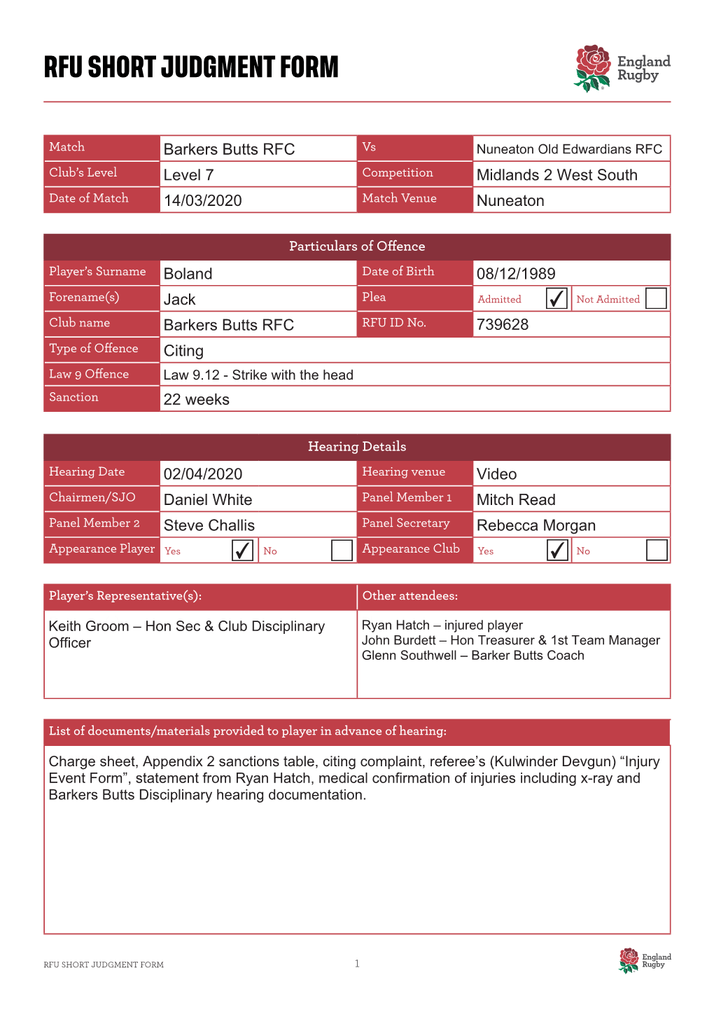 Rfu Short Judgment Form