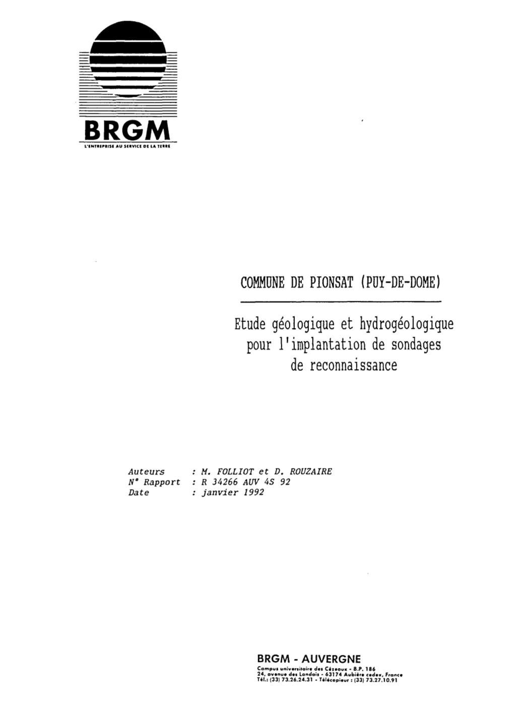 (PÜY-DE-DOME) Etude Géologique Et Hydrogéologique Pour L