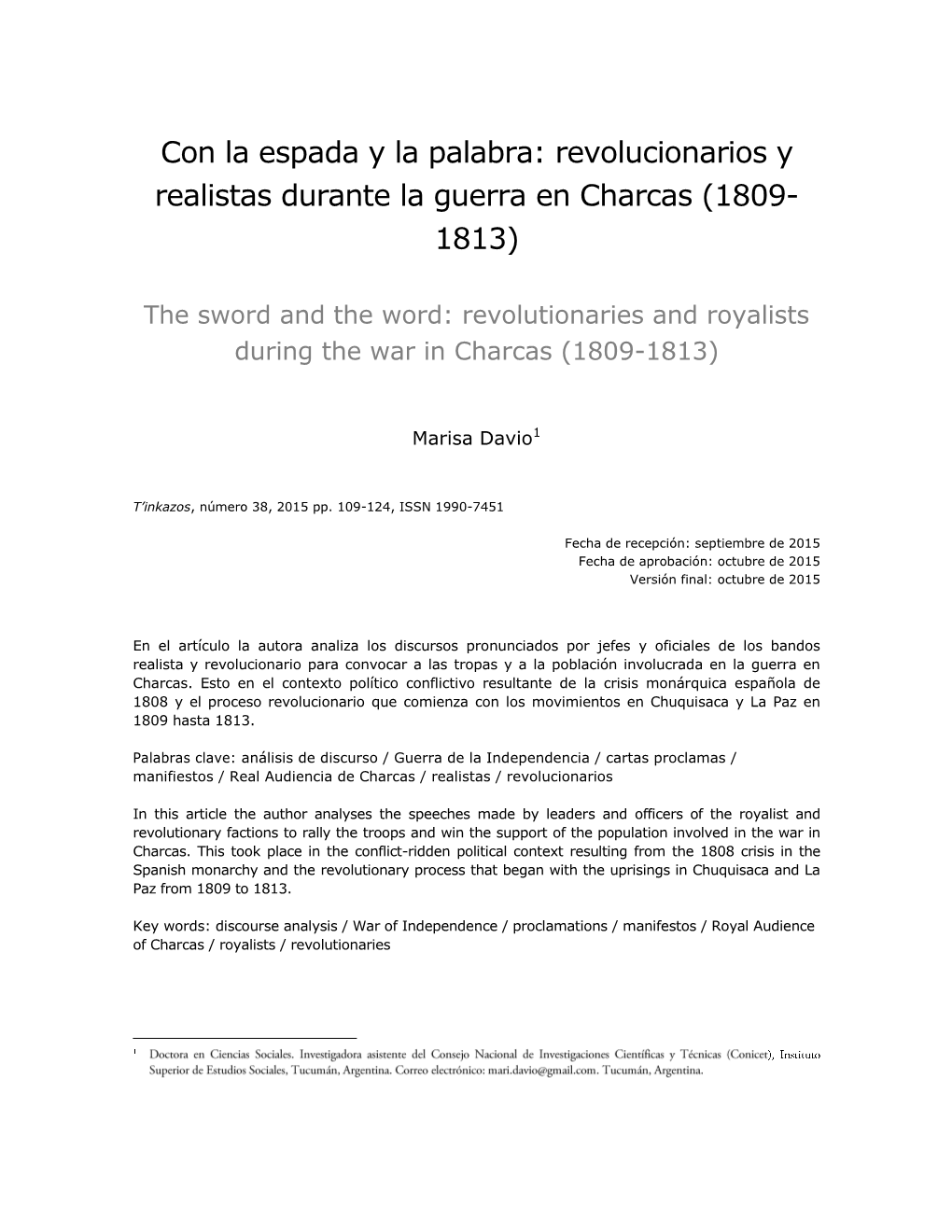 Revolucionarios Y Realistas Durante La Guerra En Charcas (1809- 1813)