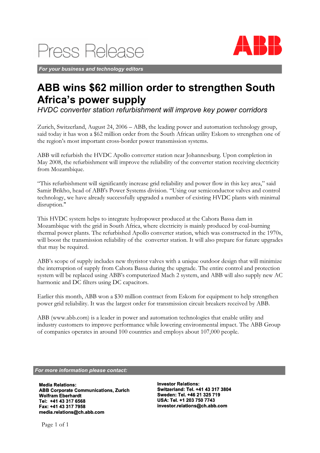 ABB Wins $62 Million Order to Strengthen South Africa's Power Supply