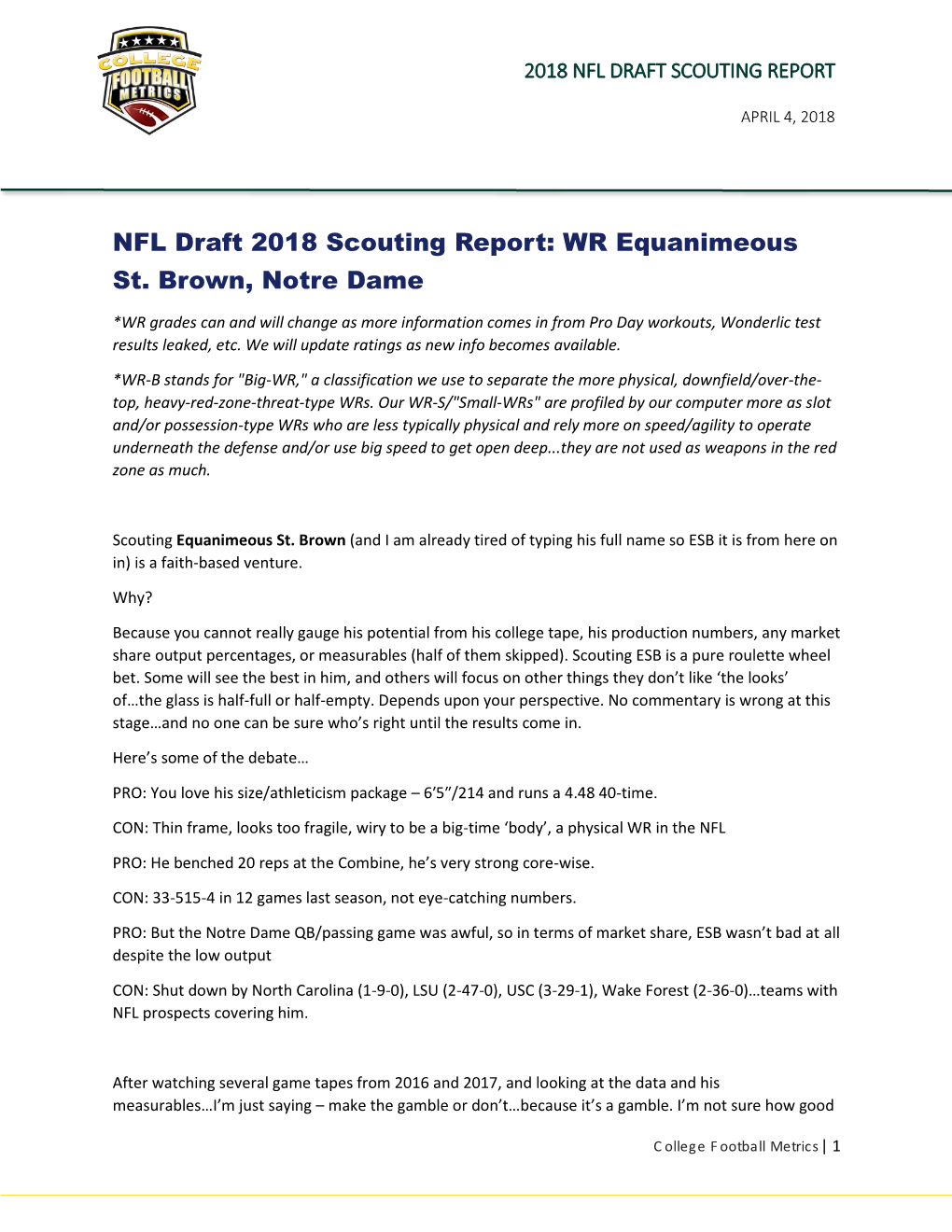 NFL Draft 2018 Scouting Report: WR Equanimeous St. Brown, Notre Dame