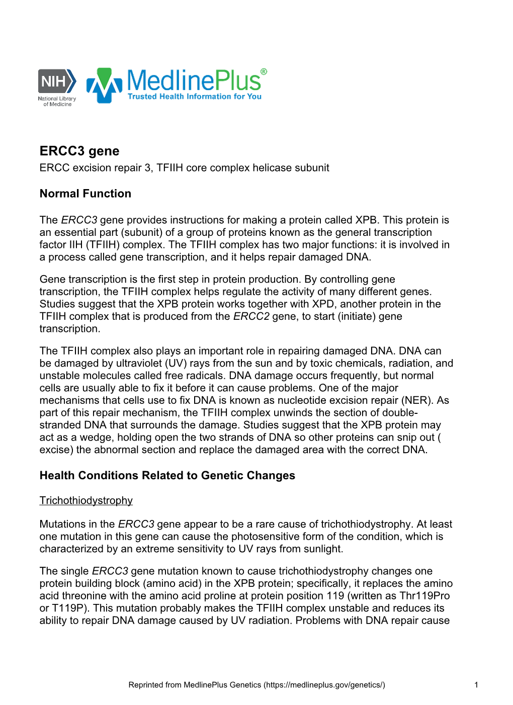 ERCC3 Gene ERCC Excision Repair 3, TFIIH Core Complex Helicase Subunit