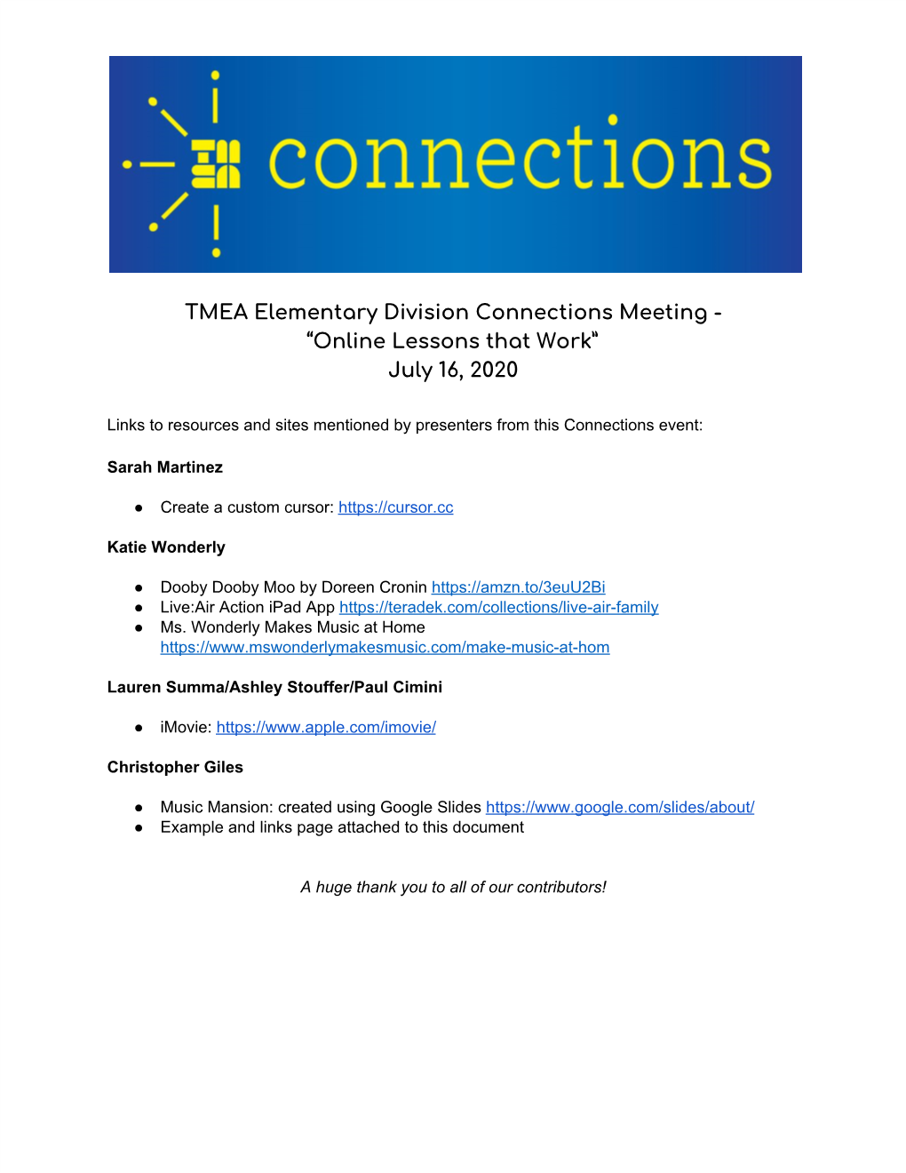 TMEA Elementary Division Connections Meeting - “Online Lessons That Work” July 16, 2020