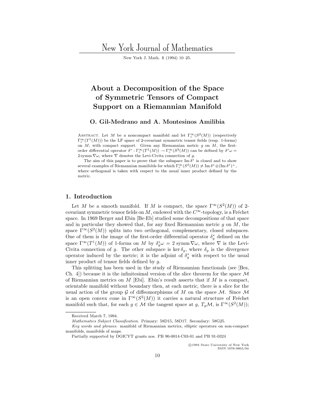 About a Decomposition of the Space of Symmetric Tensors of Compact Support on a Riemannian Manifold