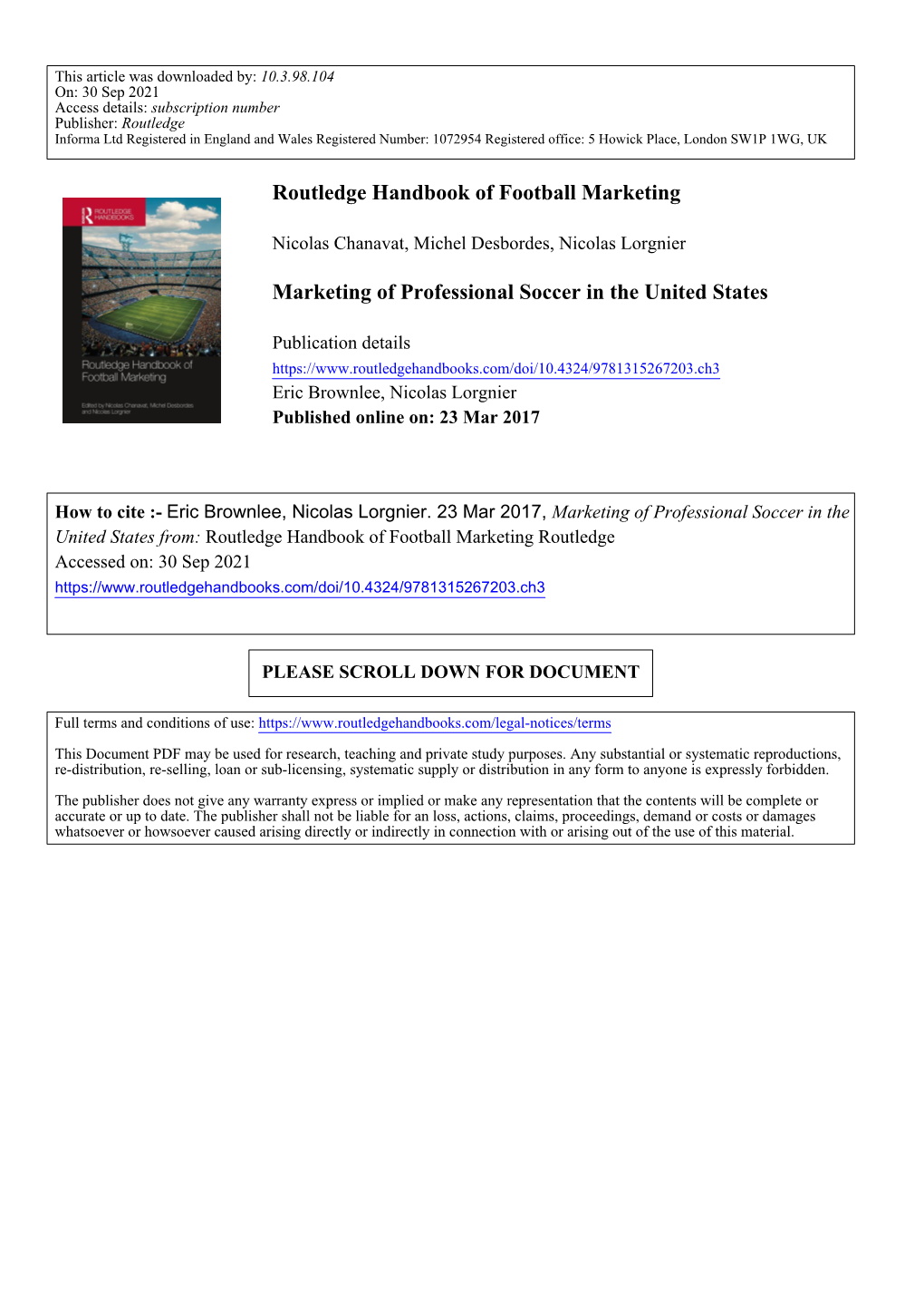 Routledge Handbook of Football Marketing Marketing of Professional
