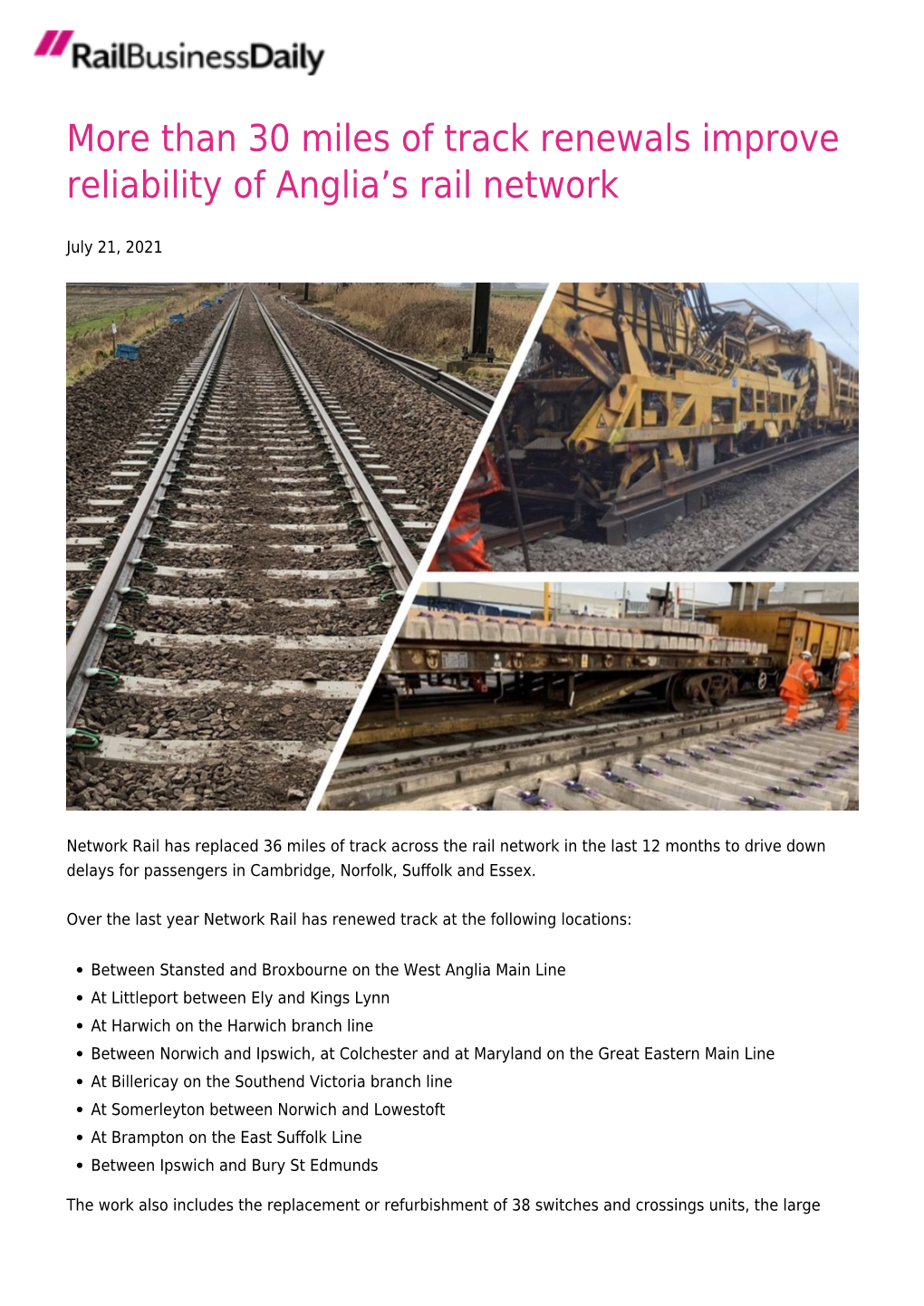 More Than 30 Miles of Track Renewals Improve Reliability of Anglia’S Rail Network