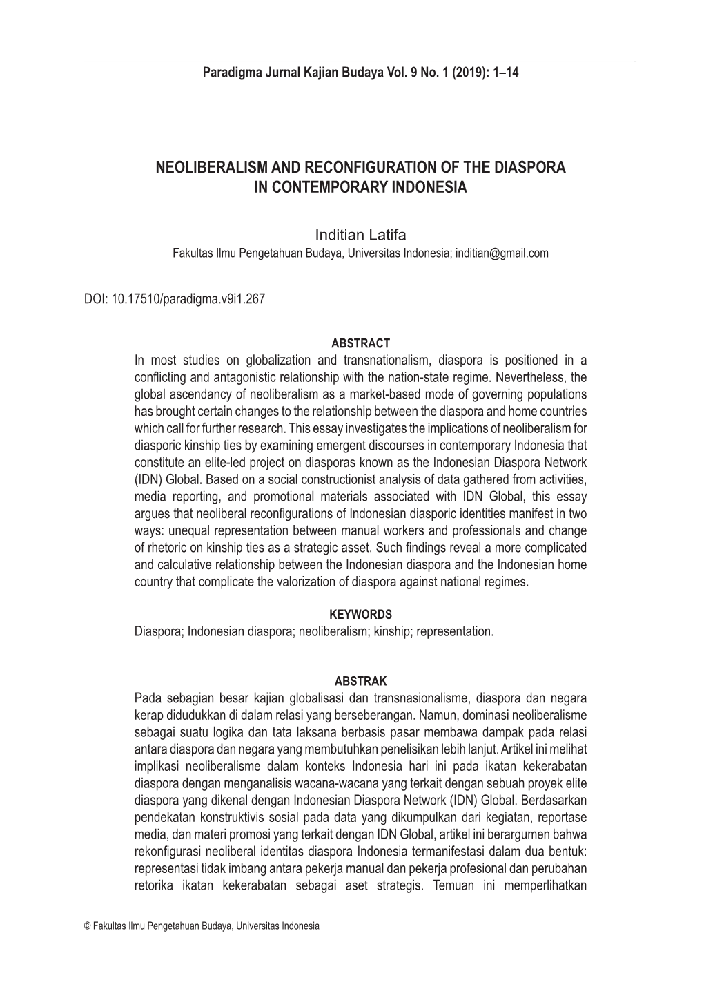 Neoliberalism and Reconfiguration of the Diaspora in Contemporary Indonesia