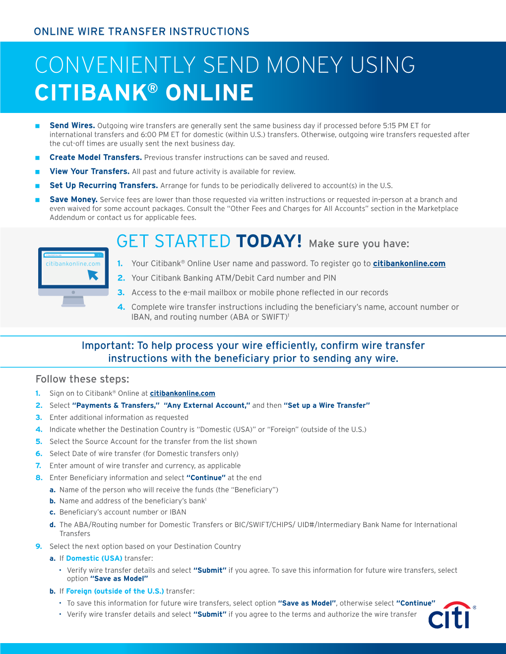 Online Wire Transfer Instructions Conveniently Send Money Using Citibank® Online