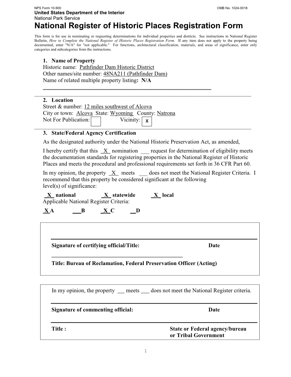 Pathfinder Dam Historic District National Register Form Size