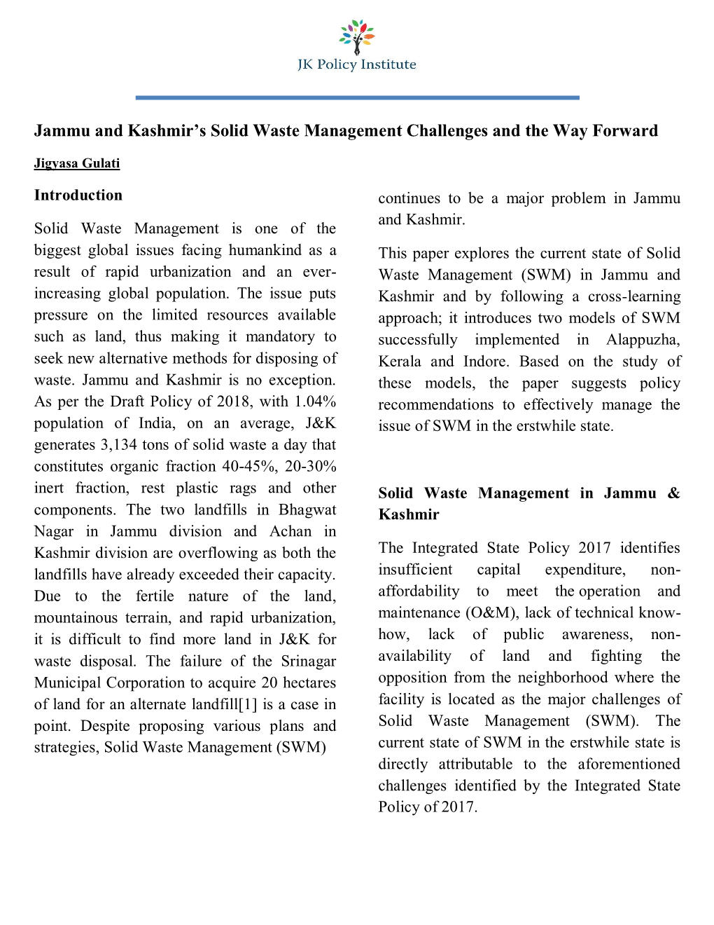 Jammu and Kashmir's Solid Waste Management Challenges and the Way Forward