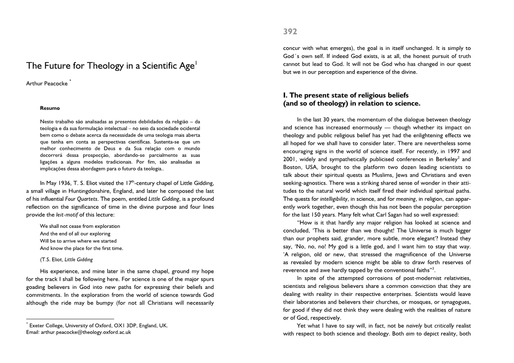 The Future for Theology in a Scientific Age1 Cannot but Lead to God