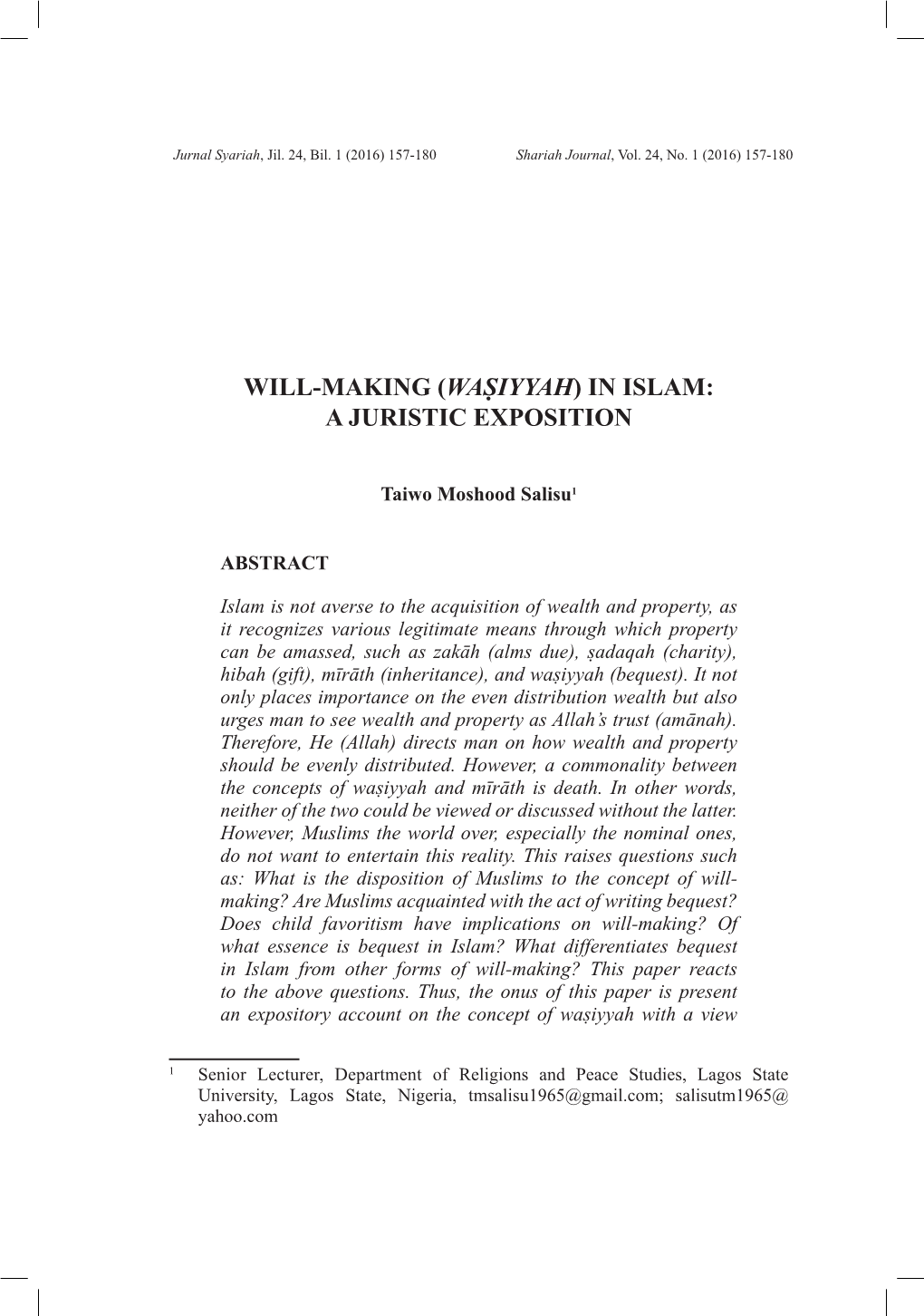 Will-Making (Waṣiyyah) in Islam: a Juristic Exposition