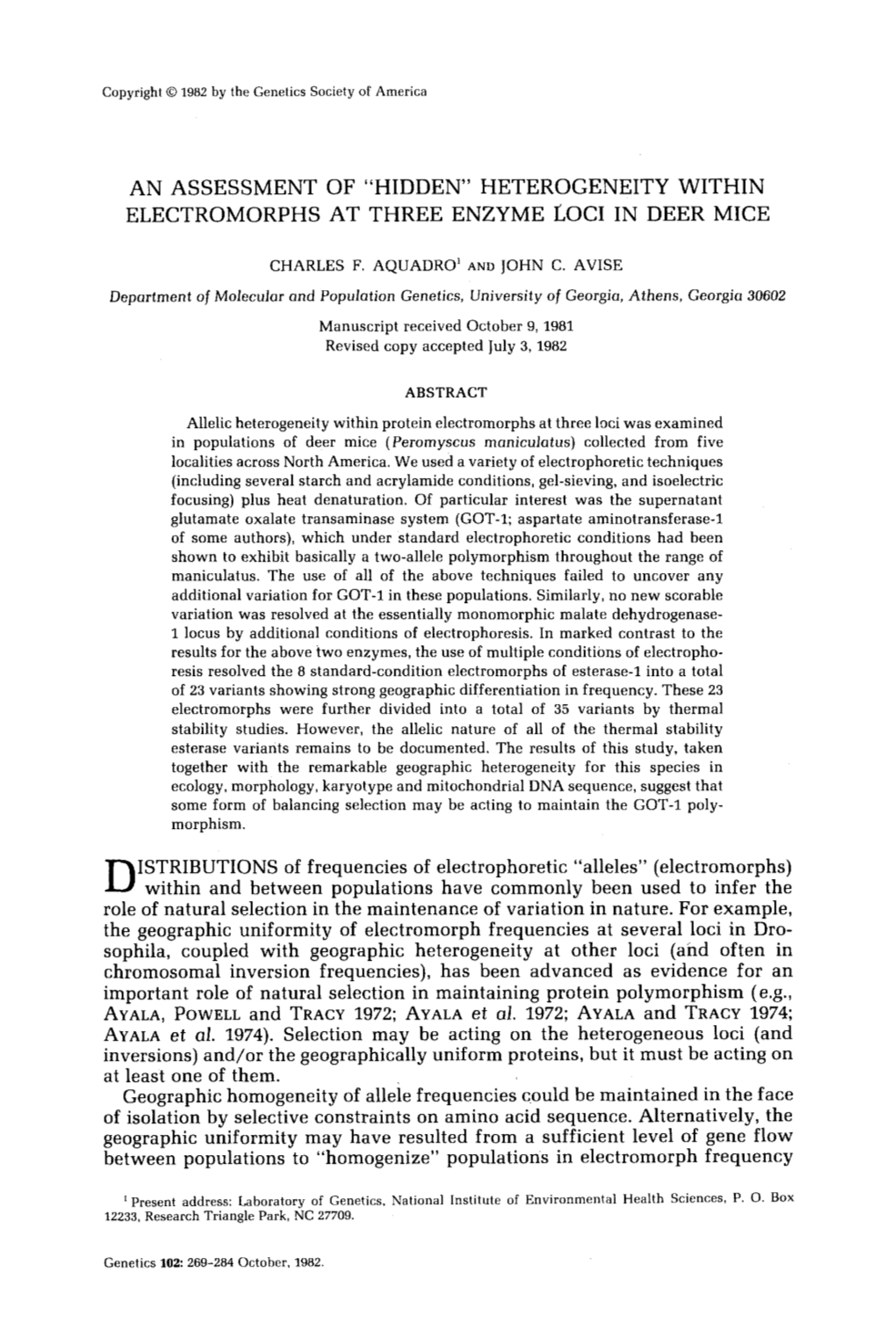 An Assessment of “Hidden” Heterogeneity Within Electromorphs at Three Enzyme Loci in Deer Mice