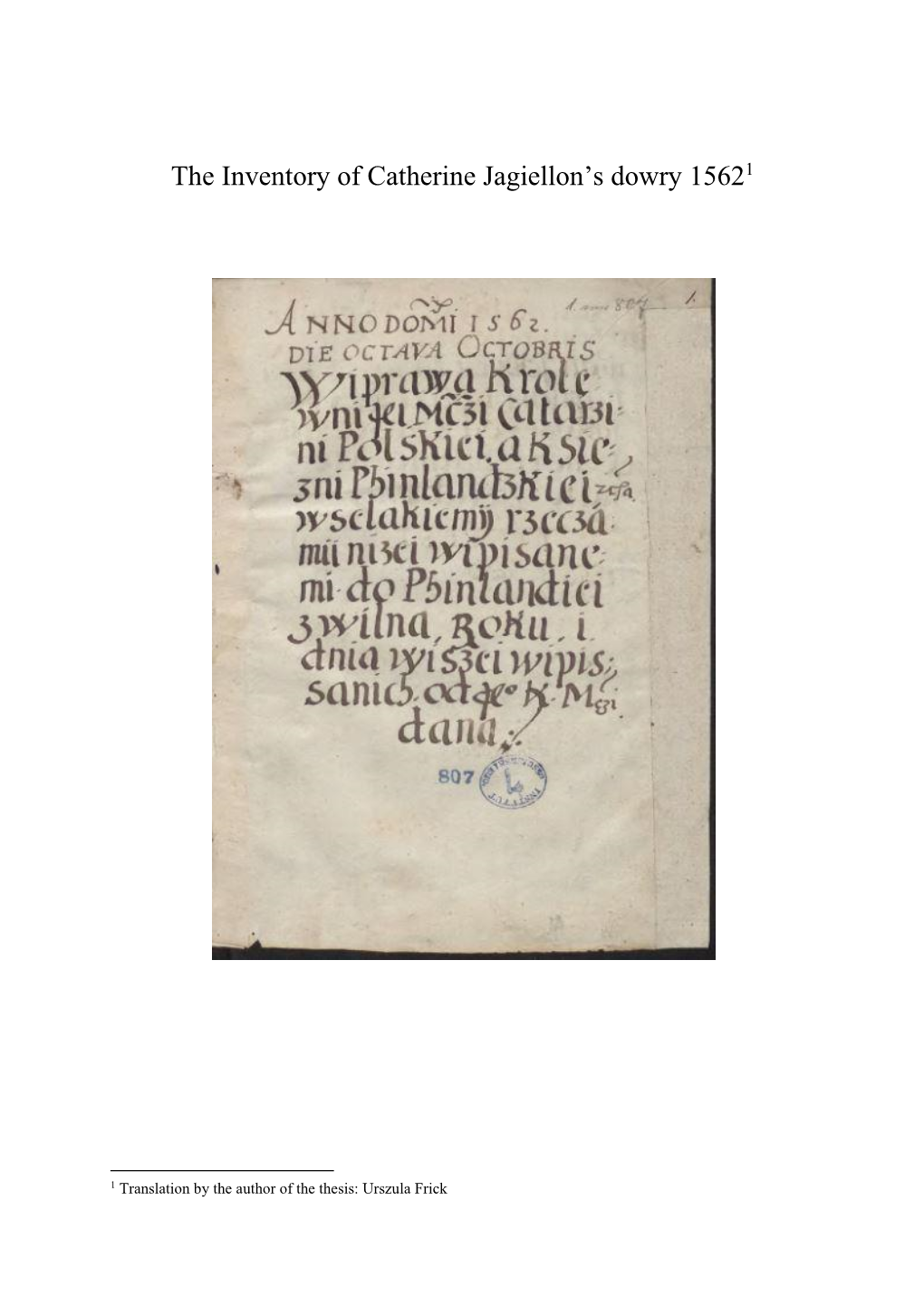 The Inventory of Catherine Jagiellon's Dowry 15621