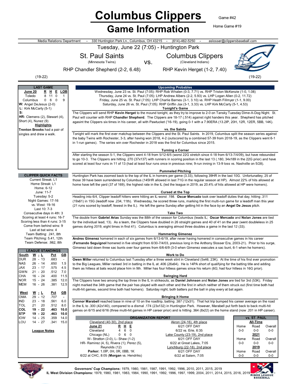 Columbus Clippers Game #42 Game Information Home Game #19