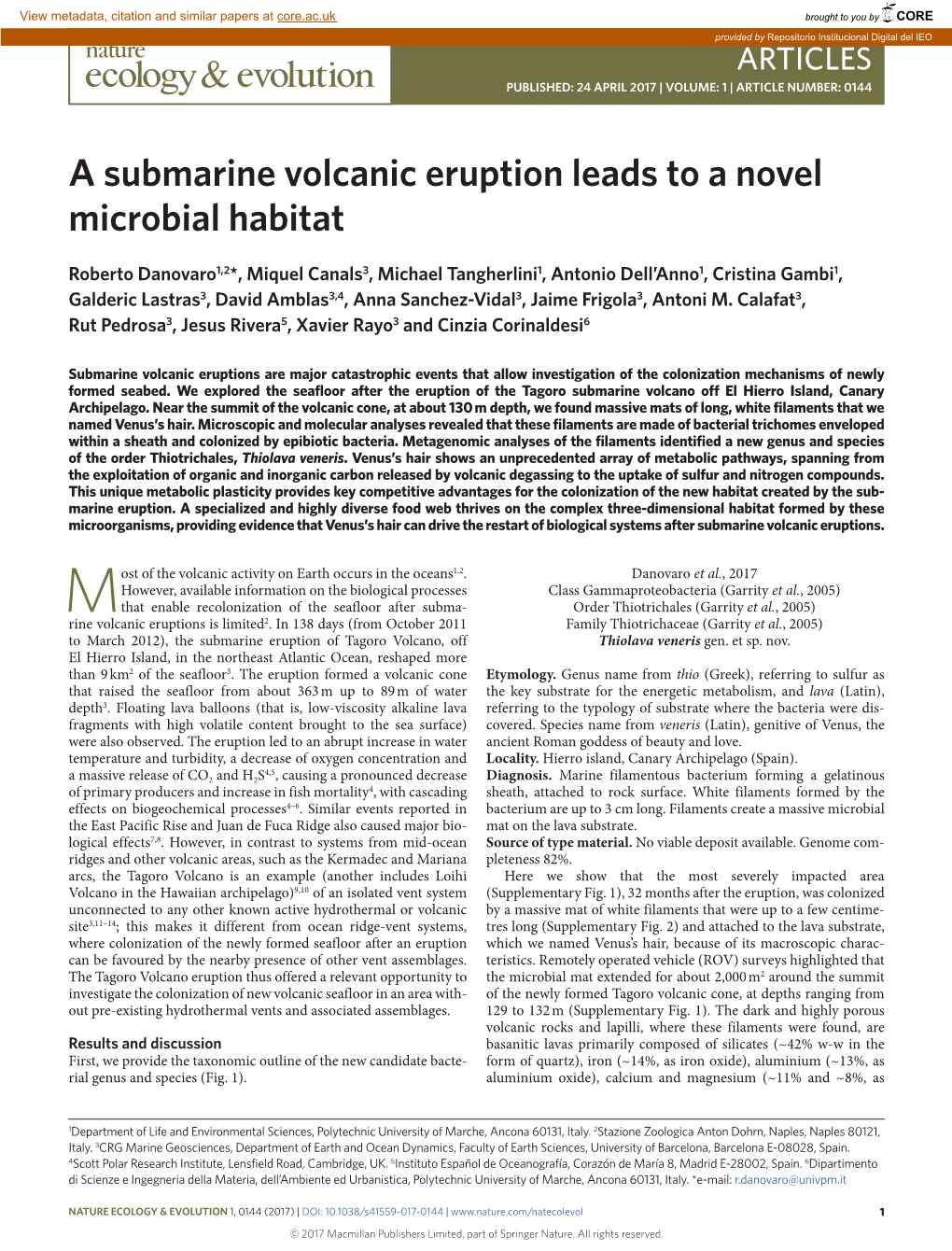 A Submarine Volcanic Eruption Leads to a Novel Microbial Habitat