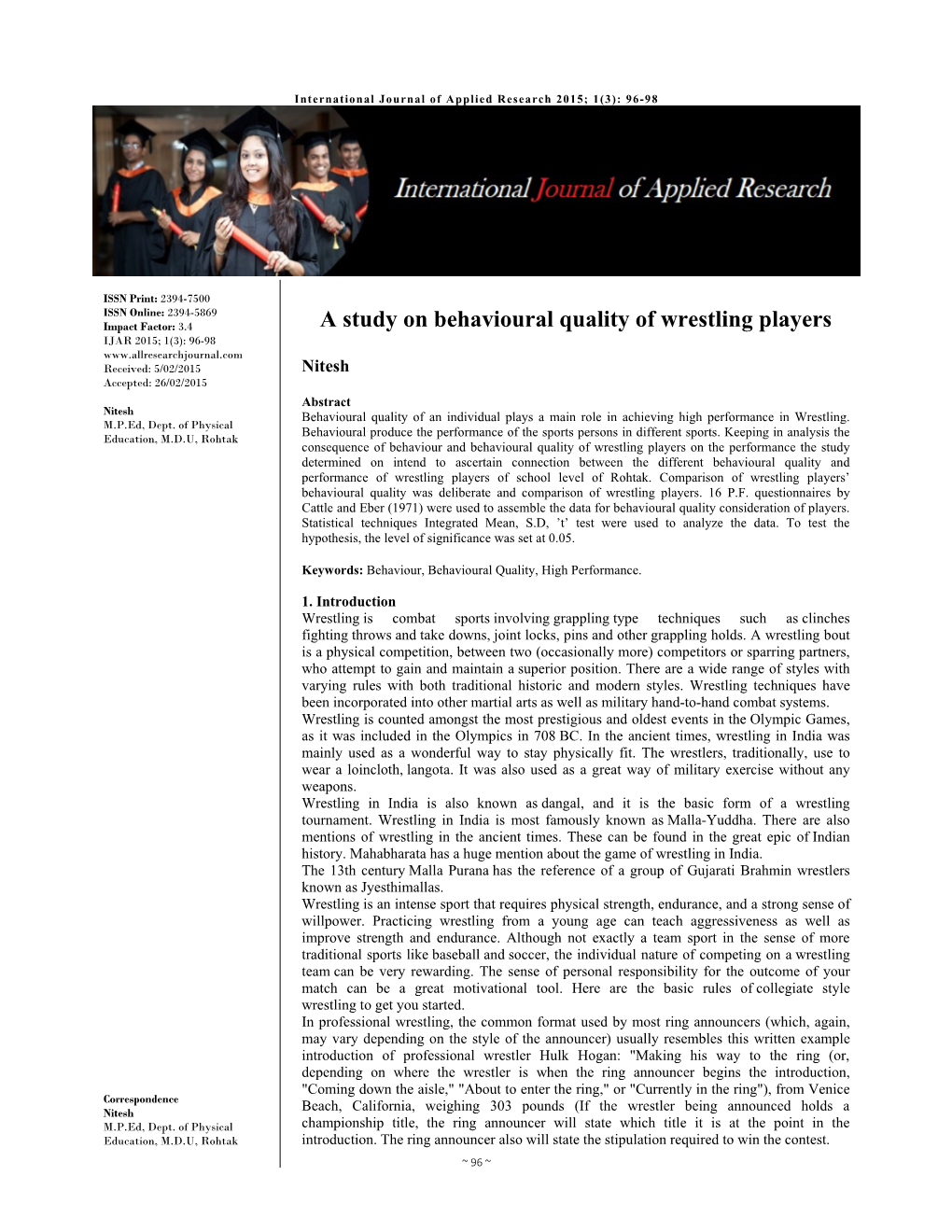 A Study on Behavioural Quality of Wrestling Players